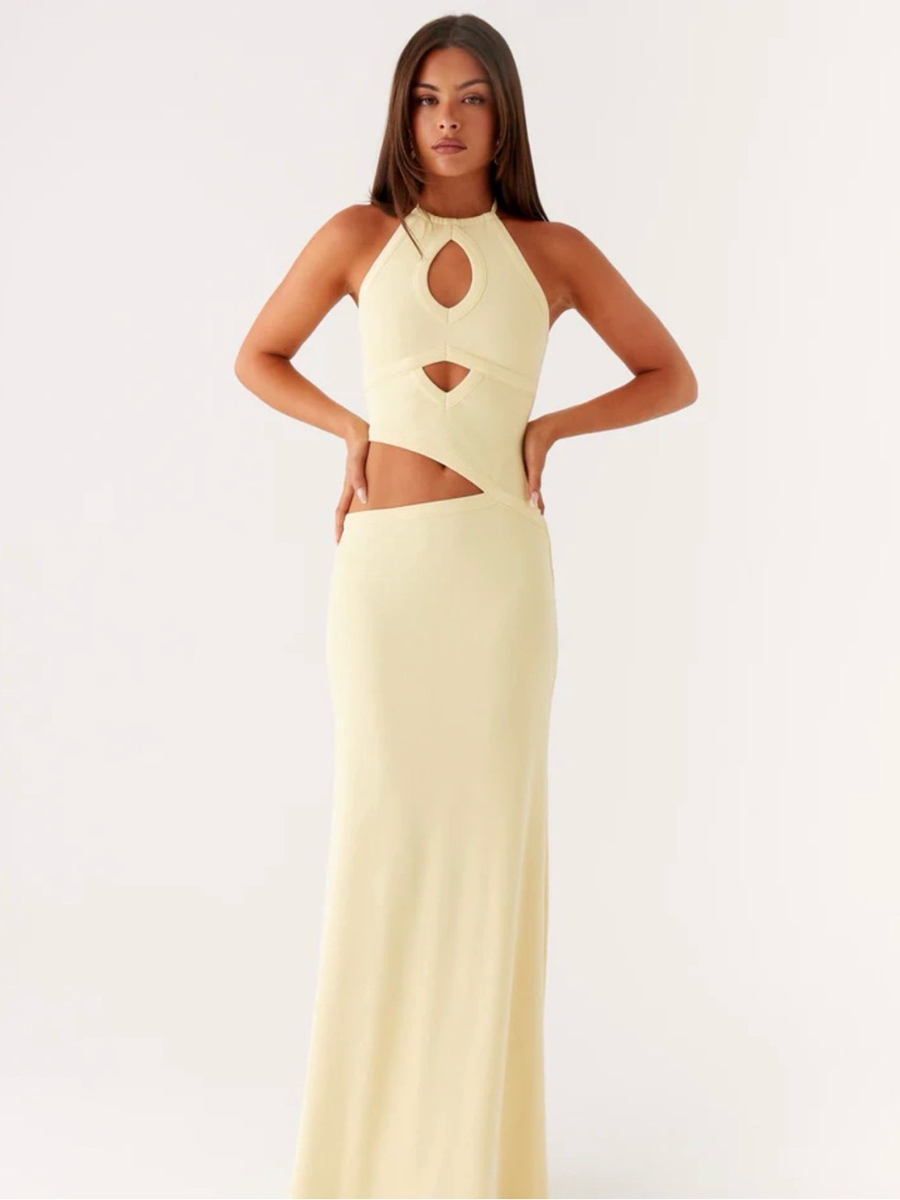 Peppermayo Cutout Halter Maxi Dress in Pale Yellow
